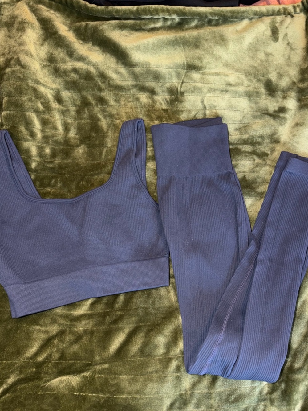 Seamless Ribbed Sports Bra & Leggings Set - Navy